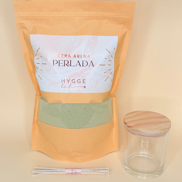 Kit cera arena verde musgo, recipiente de vidrio, mechas y Hygge box para regalo 🎁