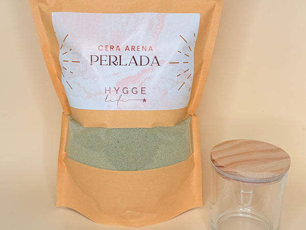 Kit cera arena verde musgo, recipiente de vidrio, mechas y Hygge box para regalo 🎁