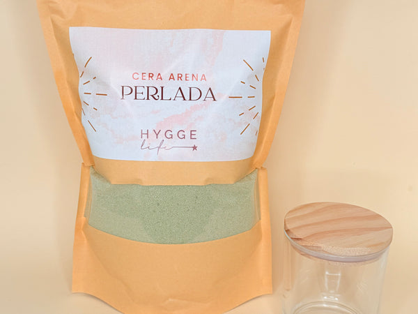 Kit cera arena verde musgo, recipiente de vidrio, mechas y Hygge box para regalo 🎁